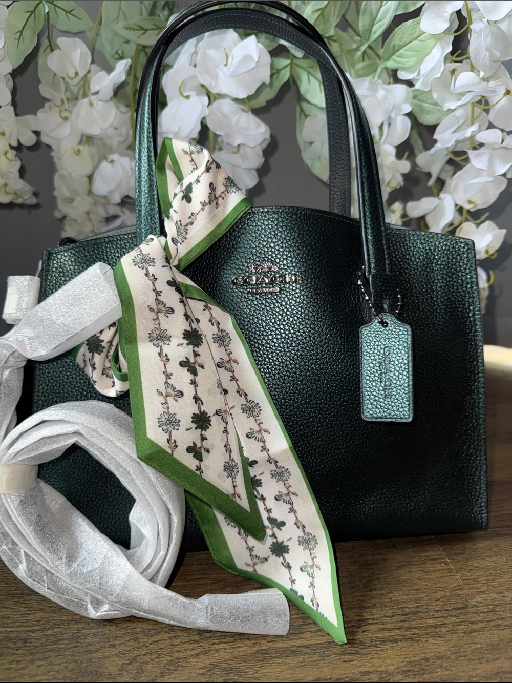Coach Dark Green Pebbled Leather Tote with Floral Scarf